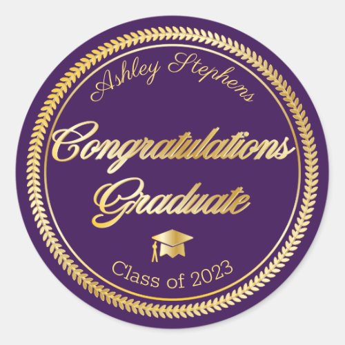 Elegant Gold  Purple Grad Cap Class of 2023 Classic Round Sticker