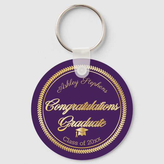 Elegant Gold | Purple Grad Cap Class Year Keychain (Front)