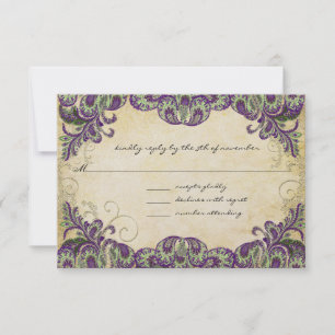 Elegant Gold Purple & Green Peacock Wedding RSVP Card