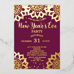 Elegant Gold Purple Mandala New Year's Eve Party Foil Invitation