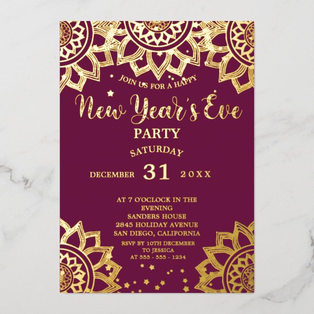 Elegant Gold Purple Mandala New Year's Eve Party  Foil Invitation (Front)