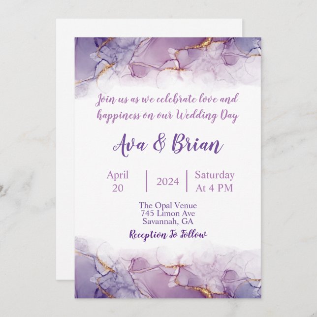 Elegant Gold Purple Marble Watercolor Wedding Invitation (Front/Back)