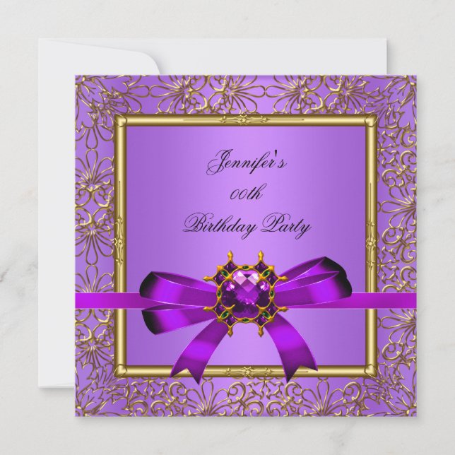 Elegant Gold Purple Mauve Jewel Birthday Party Invitation (Front)