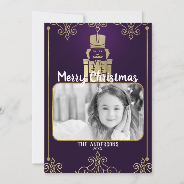 Elegant Gold Purple Nutcracker Holiday Photo Card (Front)