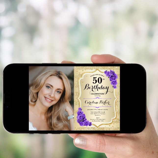 Elegant Gold Purple Photo 50th Birthday Invitation (Front Digital)
