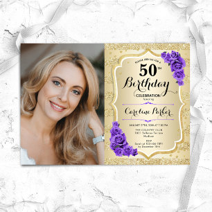 Elegant Gold Purple Photo 50th Birthday Invitation