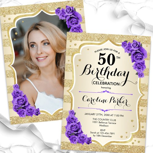 Elegant Gold Purple Photo 50th Birthday Invitation