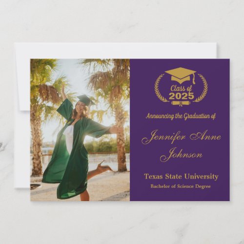 Elegant Gold Purple Photo Graduation Announcement