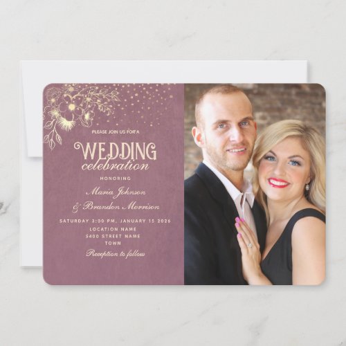 Elegant Gold Purple Photo Wedding Invitation