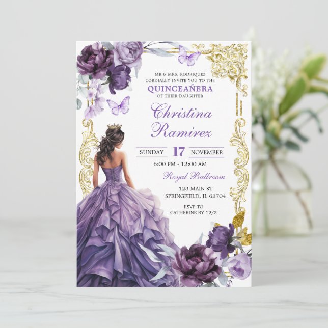 Elegant Gold Purple Princess Quinceanera Invitation | Zazzle