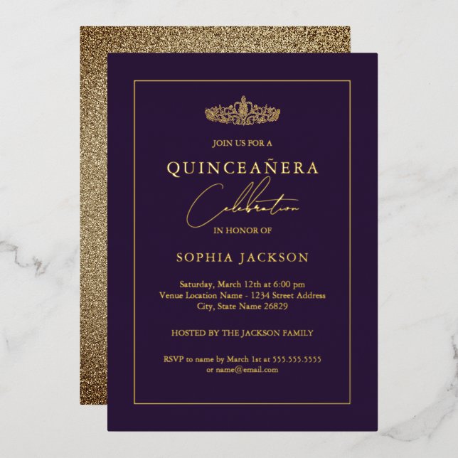 Elegant Gold Purple Quinceanera 15th Foil Invitation (Front/Back)