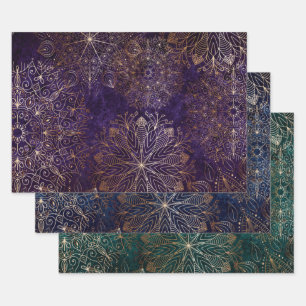 Elegant Gold Purple Teal & Blue Floral Mandala Wrapping Paper Sheets