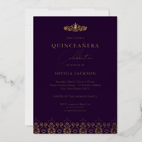 Elegant Gold Purple Tiara Quinceanera   Foil Invitation