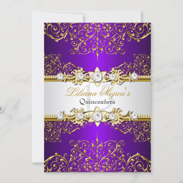 Elegant Gold Purple Vintage Glamour Quinceanera Invitation (Front)