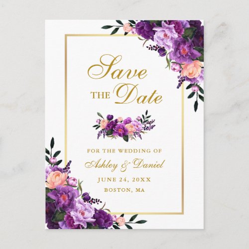Elegant Gold Purple Violet Floral Save the Date Announcement Postcard