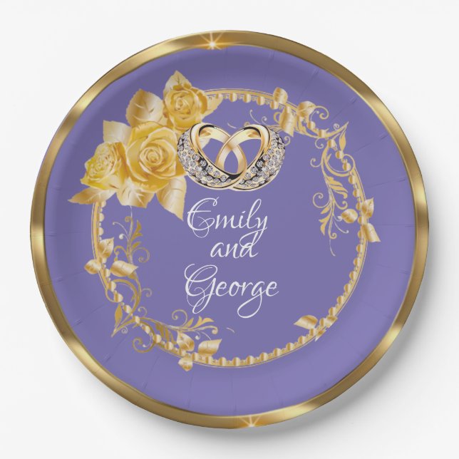 Elegant Gold Purple Wedding Personalised  Paper Plates (Front)