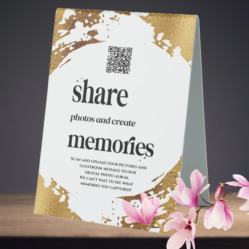 Elegant Gold QR Code Photo Wedding Guestbook Table Tent Sign