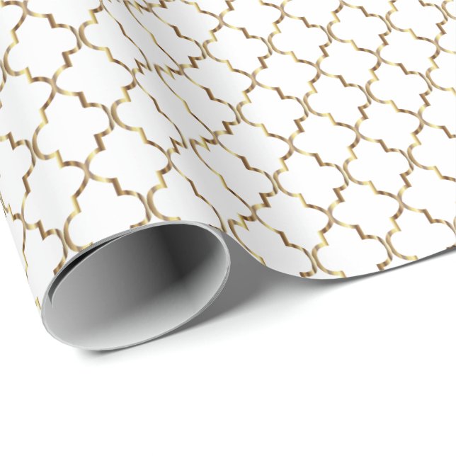 Elegant Gold Quatrefoil Pattern on White Wrapping Paper (Roll Corner)