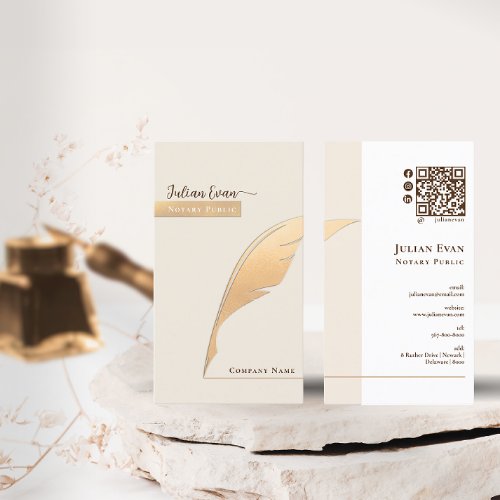 Elegant Gold quill pen Ivory Notary Public Qr Code Business Card