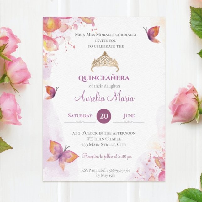 Elegant Gold Quinceañera  Tiara Butterflies Invitation (Elegant Gold Quinceañera Tiara Butterflies Invitation)