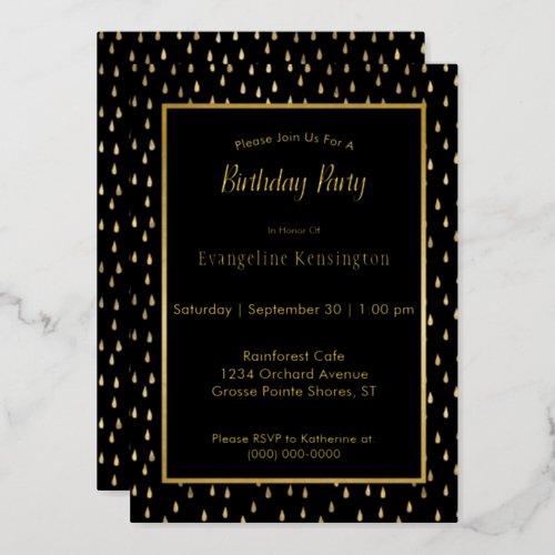 Elegant Gold Raindrops Black Birthday  Foil Invitation