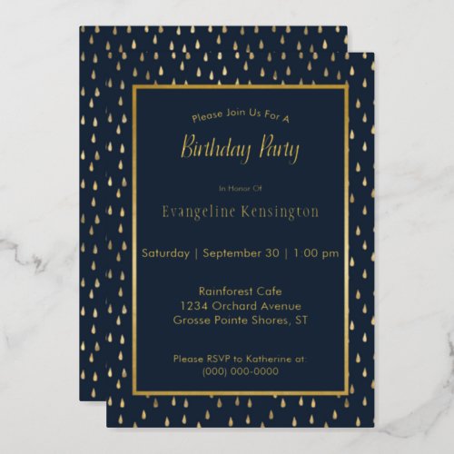 Elegant Gold Raindrops Navy Blue Birthday Foil Invitation