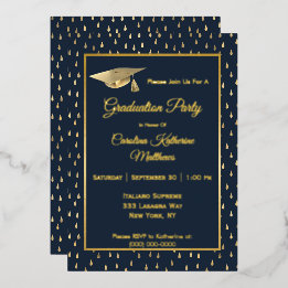 Elegant Gold Raindrops Navy Blue Graduation Party Foil Invitation