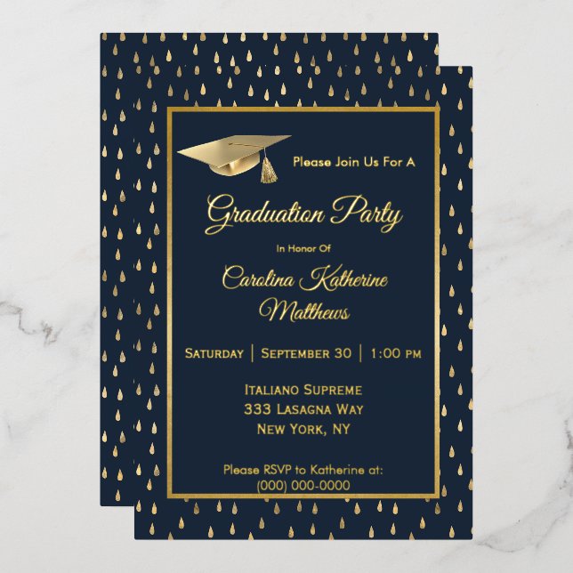 Elegant Gold Raindrops Navy Blue Graduation Party Foil Invitation (Front/Back)