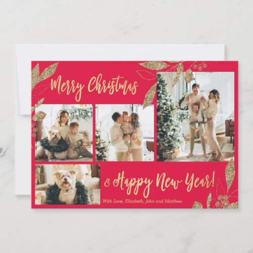 Elegant Gold Red 4 Photo Collage Christmas Card