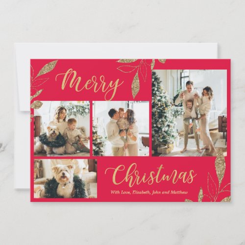 Elegant Gold Red 4 Photo Collage Christmas Card 