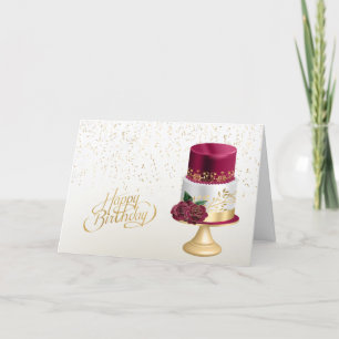 Elegant Gold Red Birthday Cake Card