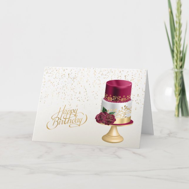 Elegant Gold Red Birthday Cake Card (Front)