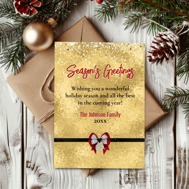 Elegant gold red bow Christmas new year greeting  Card (Creator Uploaded)