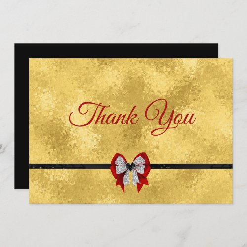Elegant gold red bow tie monogram thank you card