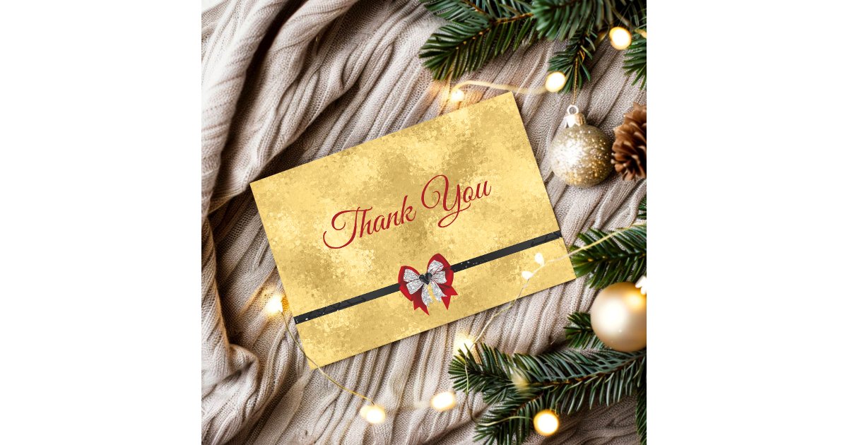 Elegant gold red bow tie monogram thank you card | Zazzle
