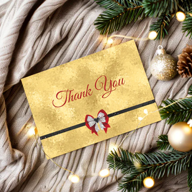 Elegant gold red bow tie monogram thank you card | Zazzle
