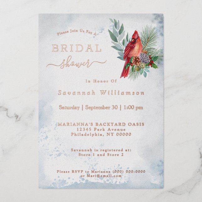 Elegant Gold Red Cardinal Christmas Bridal Shower Foil Invitation (Front)
