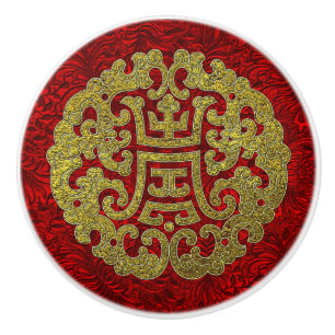 Elegant Gold Red Chinese Symbol Ceramic Knob