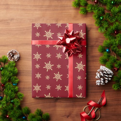 Elegant Gold  Red Christmas Snowflake Pattern Wrapping Paper