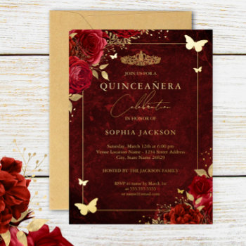 Elegant Gold Red Floral Butterfly Quinceanera Foil Invitation by LittleBayleigh at Zazzle