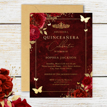Elegant Gold Red Floral Butterfly Quinceanera Foil Invitation