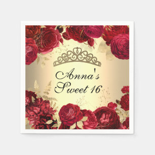 Elegant Gold Red Floral Themed Sweet Sixteen Napkins