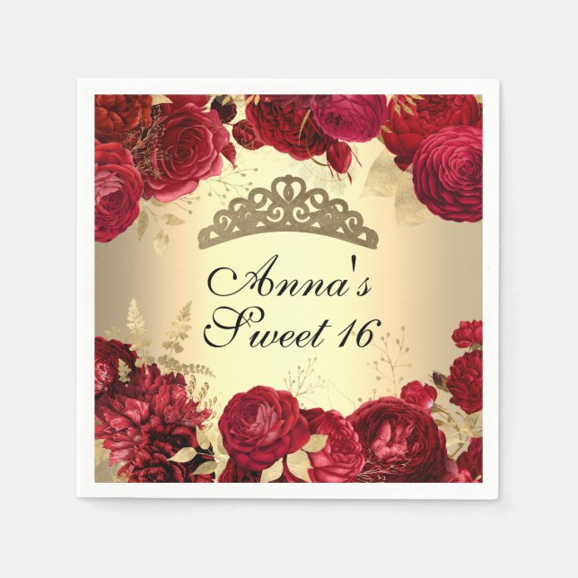 Elegant Gold Red Floral Themed Sweet Sixteen Napkins (Front)