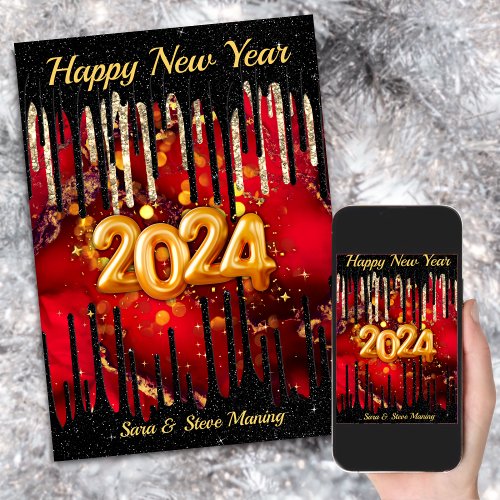 Elegant gold red glitter 2024 new year greeting holiday card