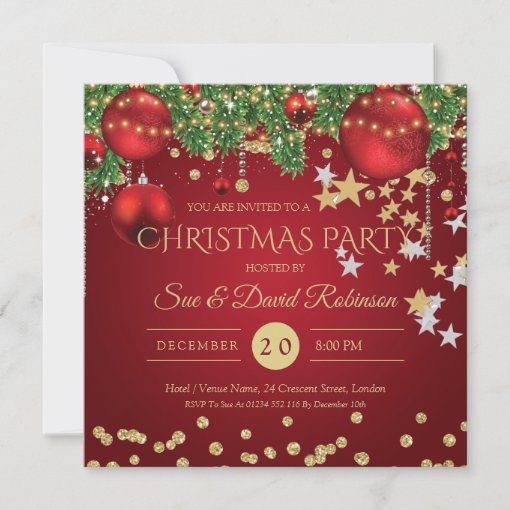 Elegant Gold Red Glitter Christmas Holiday Party Invitation | Zazzle