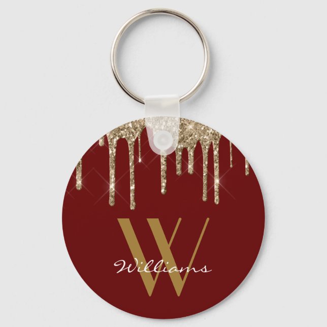 Elegant Gold Red Glitter Drips Monogram Name Keychain (Front)