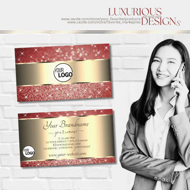 Elegant Gold Red Glitter Sparkle Stars and Logo Business Card | Zazzle