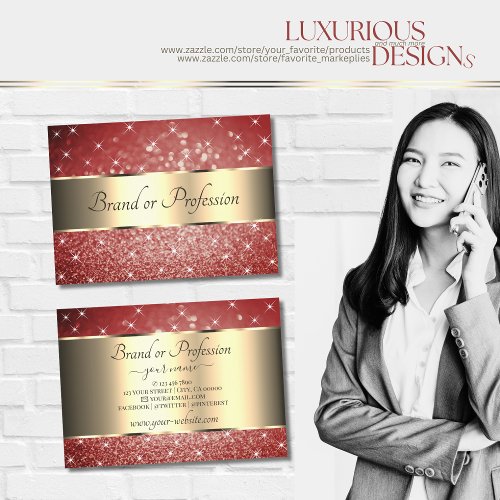 Elegant Gold Red Glitter Sparkle Stars Exquisite Business Card