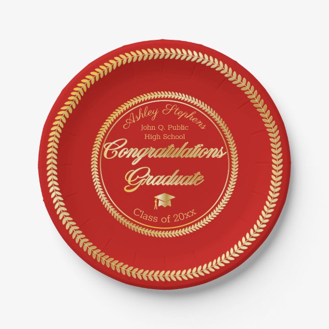 Elegant Gold | Red Grad Cap Class of 2023 Paper Plates (Front)