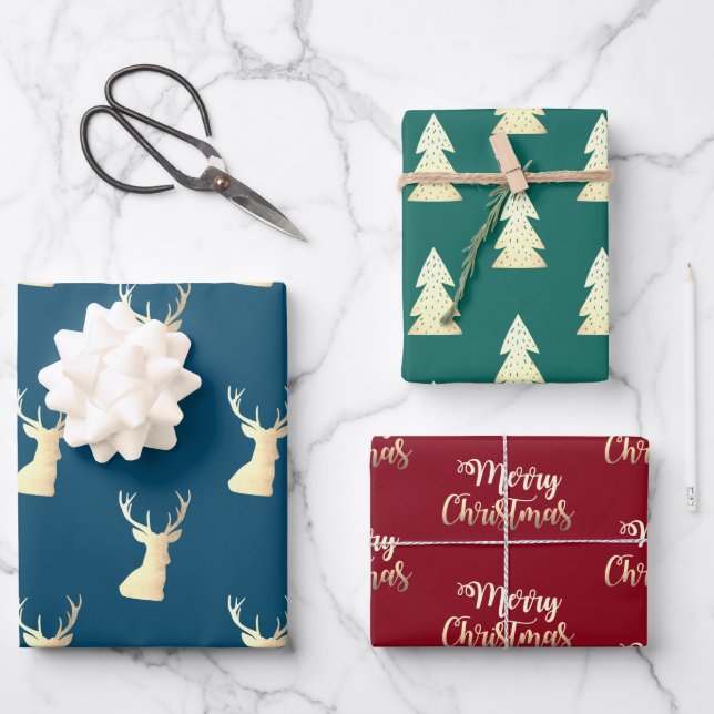 Elegant gold red green blue Christmas patterns Wrapping Paper Sheets (Front)